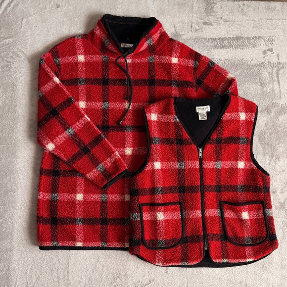 Jones New York Tops - Jones New York Sport Red Plaid Fleece Quarter Zip Pullover L Vest S Set Petite